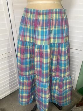 Vintage 80s 90s KORET FRANCISCA Plaid Tiered Maxi Skirt Size XL Elastic Waist